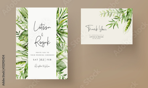 elegant watercolor greenery grass and leaves wedding invitation card set template