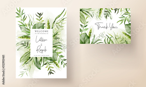 elegant watercolor greenery grass and leaves wedding invitation card set template