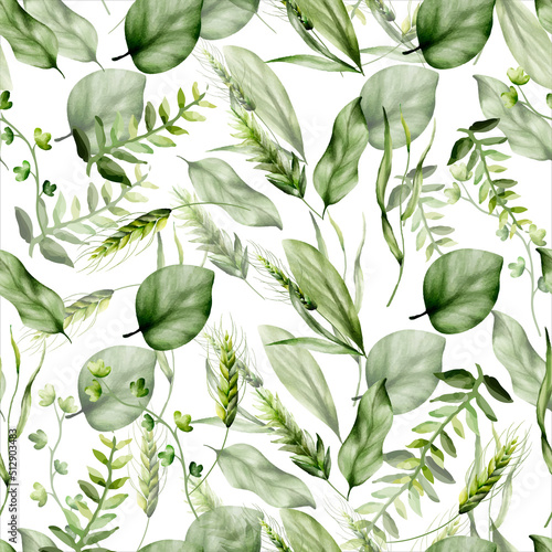 Beautiful watercolor greenery grass leaves seamless pattern