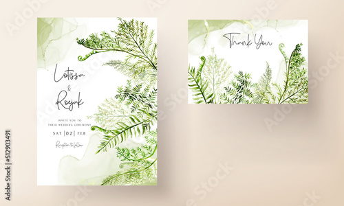elegant wedding invitation template with greenery watercolor fern leaves
