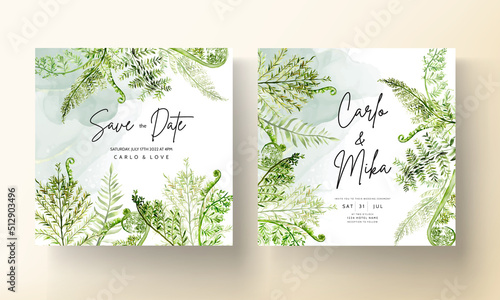 elegant wedding invitation template with greenery watercolor fern leaves