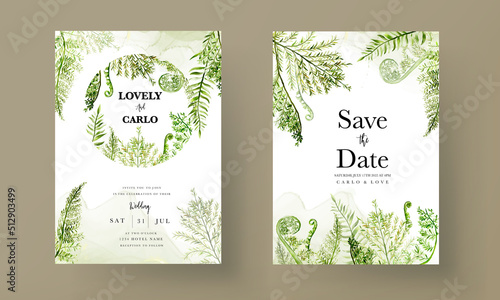 elegant wedding invitation template with greenery watercolor fern leaves