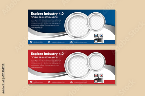 Set of Modern business banner template for explore industry 4.0. Red and Blue banners design with business icons. space for photo and text. Horizontal advertising business banner for web design.