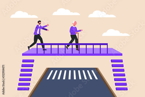 a man and grandpa are crossing the pedestrian bridge. Road or traffic concept. Flat vector illustration isolated. 