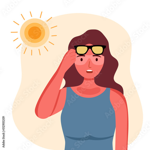 Young woman with skin sunburn under strong sunlight in flat design.