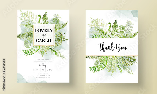 elegant wedding invitation template with greenery watercolor fern leaves