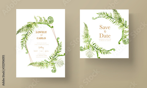 elegant wedding invitation template with greenery watercolor fern leaves