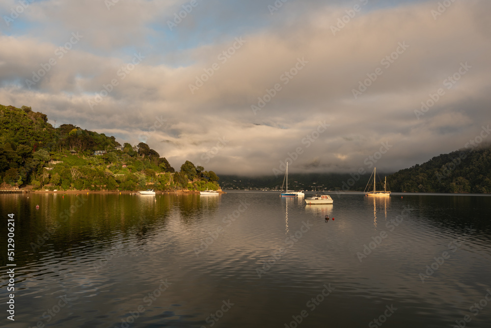 Boats moored in Momorangi Bay reflected in early morning light. Momorangi Bay, Queen Charlotte Sound, Marlborough Sounds, South Island, New Zealand.