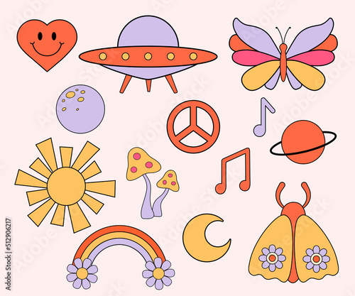 Groovy retro stickers in 1970 style. Set of Vector illustrations from 60s isolated on white background. Moon, sun, rainbow and ufo in flat style photo