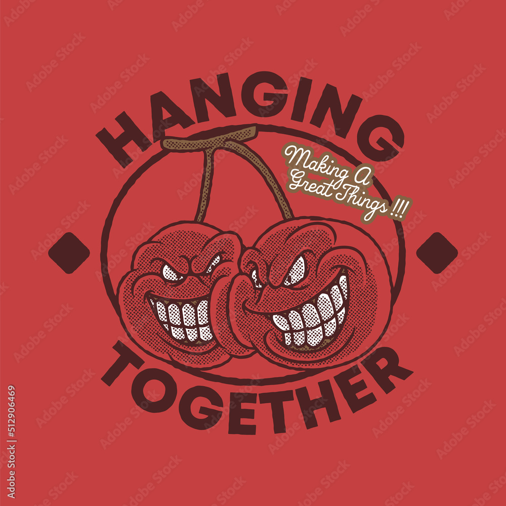 Fototapeta premium Cartoon emblem of bad cherry fruit with retro style