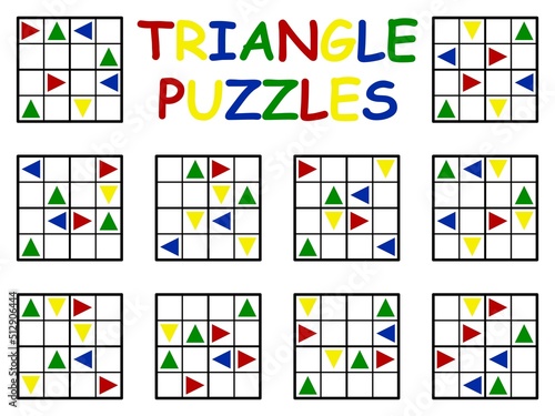 Big set with triangle puzzles for children vector illustration. Funny logical game for kids with colorful triangles. Ten simple sudoku puzzles four by four horizontal printable activity page