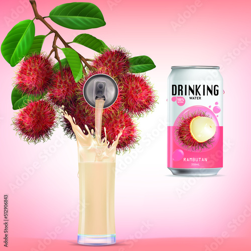 Fresh rambutan fruit juice soft drink with lid aluminum can and drinking straw. Isolated on a white background. Healthy fruit drink concept. Realistic vector illustration.