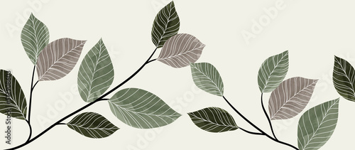 Abstract botanical vector background. Tropical plant wallpaper with foliage, tree branches, leaves in hand drawn pattern. Green botanical forest design for cover, prints, wall art, decorative.