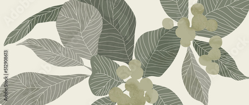 Abstract botanical vector background. Tropical plant wallpaper with foliage, tree branches, leaves in hand drawn pattern. Green watercolor botanical design for cover, prints, wall art, decorative.