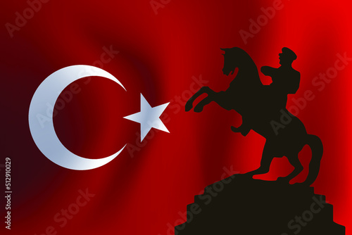 Ataturk on the prancing horse and the Turkish flag behind him. Vector illustration