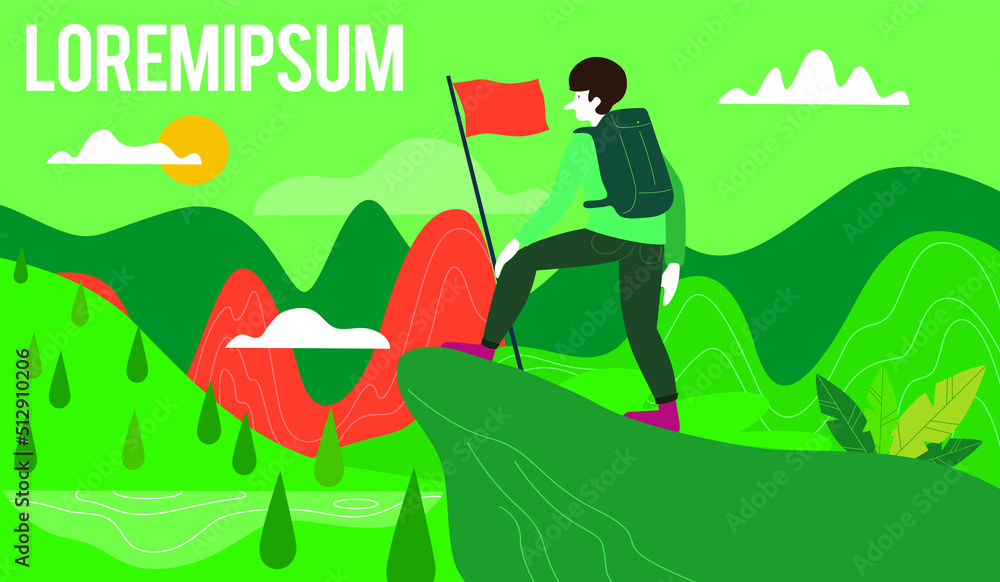Discovery, exploration, hiking, adventure tourism and travel. Human people with backpack. Explorer or traveller standing on top of mountain. Flat vector illustration style Discovery, exploration, hiking, adventure tourism and travel. Human people with backpack. Explorer or traveller standing on top of mountain. Flat vector illustration style