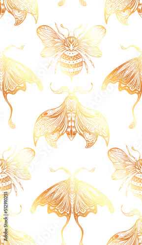 Fotografia, Obraz Vector seamless luxury pattern with drawing bee and night butterfly with boho decoration