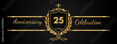 25 years anniversary celebration logotype with golden laurel and wreath vector. Anniversary celebration template design for booklet, brochure, leaflet, magazine, birthday party, banner, greeting.