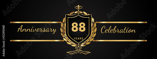 88 years anniversary celebration logotype with golden laurel and wreath vector. Anniversary celebration template design for booklet, brochure, leaflet, magazine, birthday party, banner, greeting.