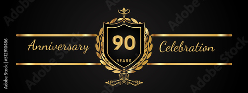 90 years anniversary celebration logotype with golden laurel and wreath vector. Anniversary celebration template design for booklet, brochure, leaflet, magazine, birthday party, banner, greeting.