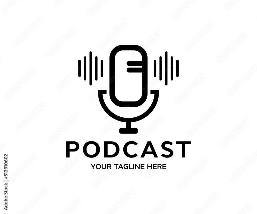 Fototapeta premium Podcast, Broadcast,news and radio streaming logo design. Live performances. Audio voice with radio microphone, Dj audio podcasting, Recording studio or podcasting vector design and illustration. 