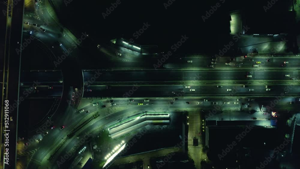 Hyperlapse time-lapse of car traffic transportation above circle roundabout road in Asian city. Drone aerial view fly in circle, high angle. Public transport or commuter city life concept	
