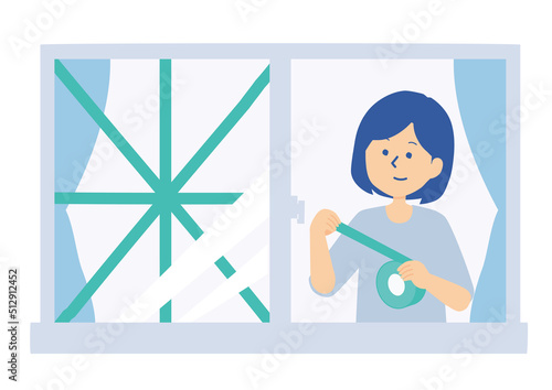 窓ガラスに養生テープを貼る女性のイラスト