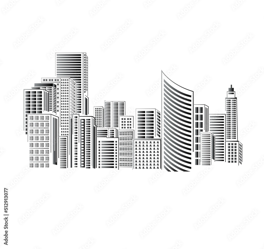 City Scene Vector Illustration. Black and White City Building Scene