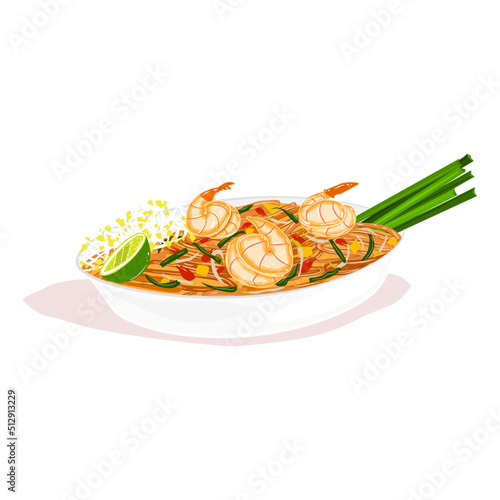 Pad Thai with shrimp. Thai food. Street food. Vector illustration.