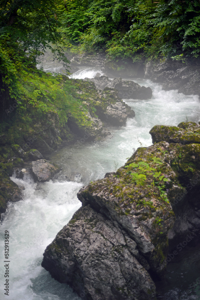 Mountain waterfall, Slovenia. Nature, water, greenery, stones, misty, calm.