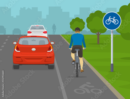 Outdoor parking rules. Traffic regulation tips. Safety bicycle riding. Back view of parked cars and cyclist on a bike lane. Flat vector illustration.