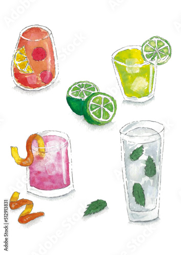 Cocktail Drink Gin Tonic Mojito Caipirinha Watercolor Aquarell Illustration Vektor