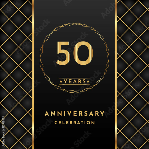 50 years anniversary celebration golden color with circle ring isolated on black background for the anniversary celebration event, wedding, greeting card, brochure, birthday party, and Invitation.