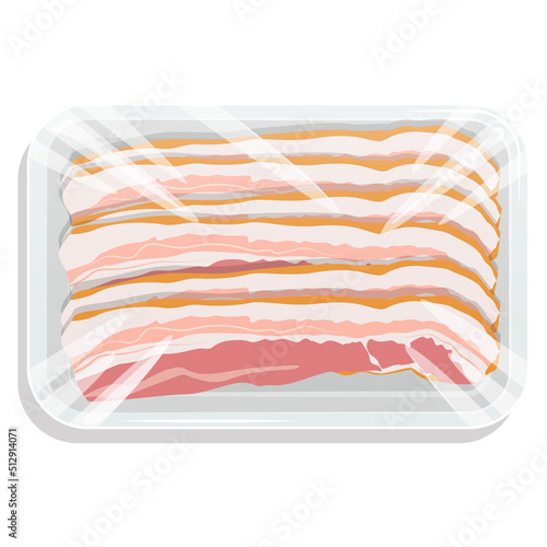Sliced bacon in a plastic tray. Vacuum packed pork. Vector illustration.