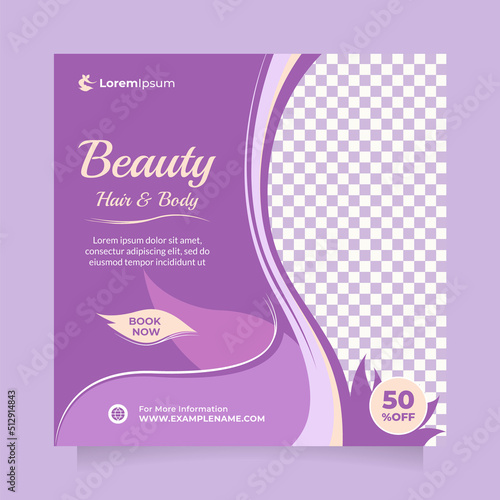 Square social media post and banner template with beautiful purple. Creative promotion design concept of professional hair spa, hair mask, hair style, cosmetic sale or promotion, skin treatment, etc