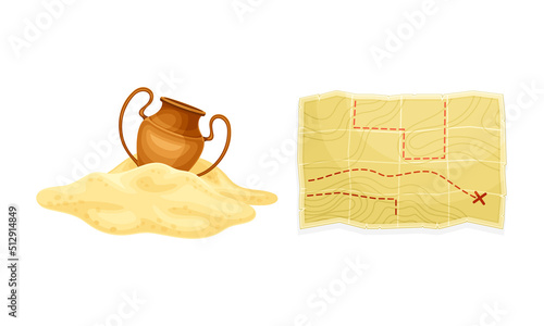 Ancient vase and archaeological map. Objects of archaeology vector illustration