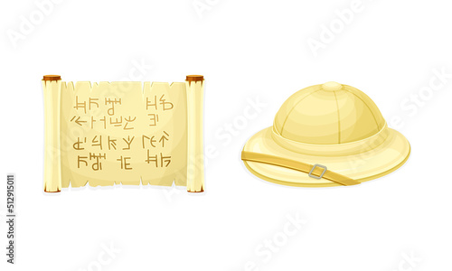 Antique papyrus scroll and hat of archaeologist. Objects of archaeology vector illustration