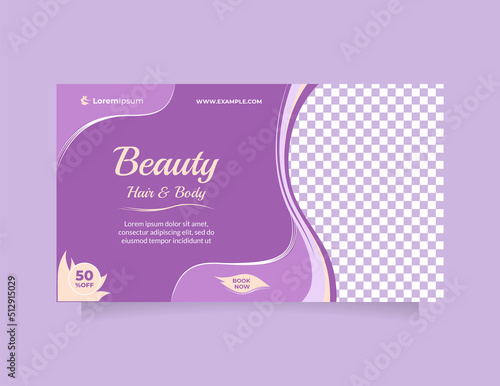 Horizontal social media banner for Beauty care center promotion with beautiful purple color. Creative design concept of professional hair spa, hair mask, hair style, cosmetic sale, skin treatment, etc