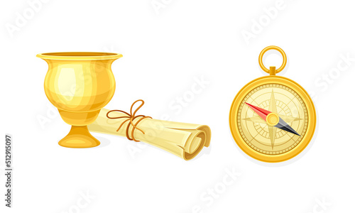 Antique paper scroll, golden goblet and compass tool. Objects of archaeology vector illustration