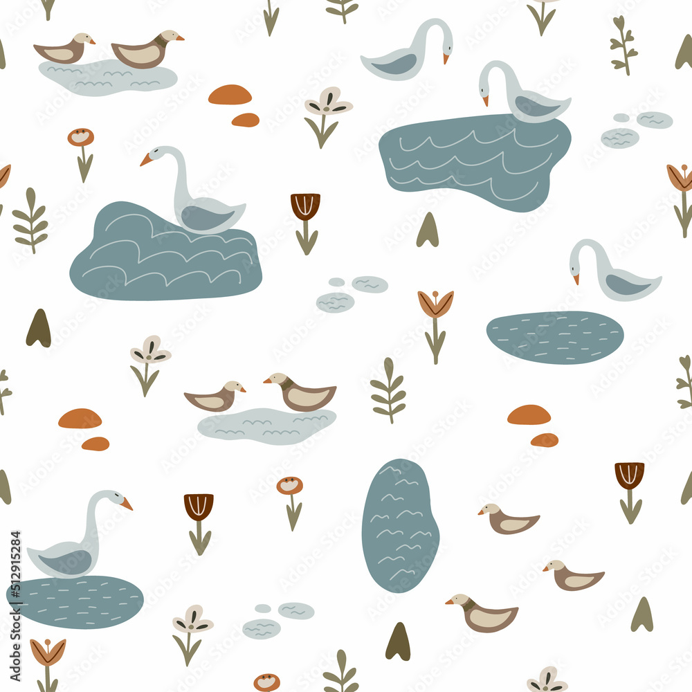 Fototapeta premium Fashionable seamless pattern with swans and ducks on a white background. Scandinavian design for fabric, wallpaper, textile and decor.