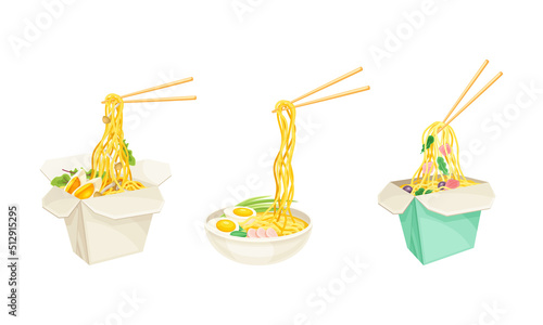 Asian noodles in bowl and take away box with meat, vegetables and eggs vector illustration