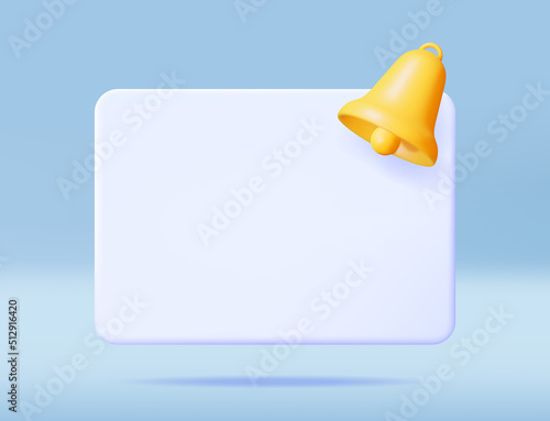 3D Notification Popup with Bell Icon. Golden Render Ringing Bell. Gold School Bell and Chat Cloud Mockup. Alert and Alarm Symbol. Social Media Network Notification Reminder. Vector Illustration