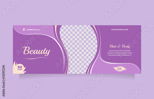 Horizontal social media banner for Beauty care center promotion with beautiful purple color. Creative design concept of professional hair spa, hair mask, hair style, cosmetic sale, skin treatment, etc