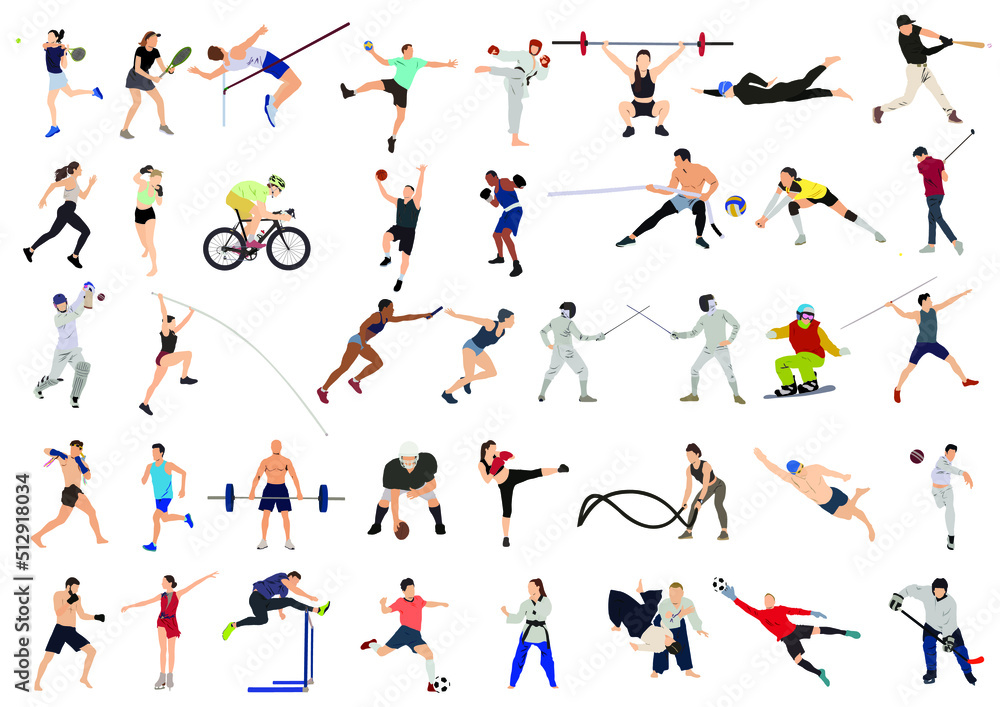 Set of vector illustration of different professional sportspersons, fit people in action, motion isolated