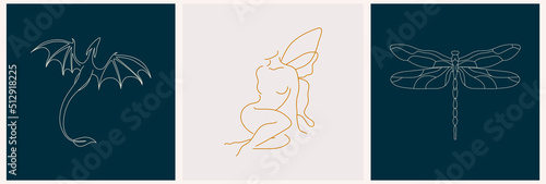 Vector dragon, woman silhouette and dragonfly logo design templates in trendy linear style for jewelry for exclusive services and products, beauty and spa industry