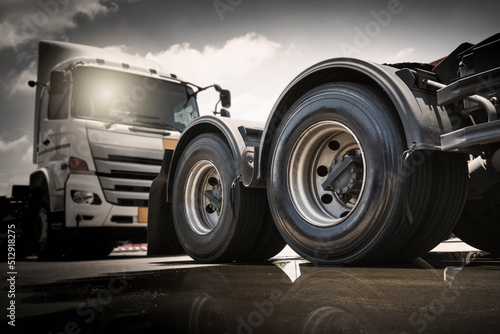 Big Semi Truck Wheels Tires. Rubber  Vechicle Tyres. Freight Trucks Transport Logistics.  