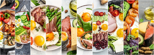 Food collage of meals Ketogenic diet food, egg bacon with avocado, strawberries and fresh salad on healthy food concept, Long banner format. top view