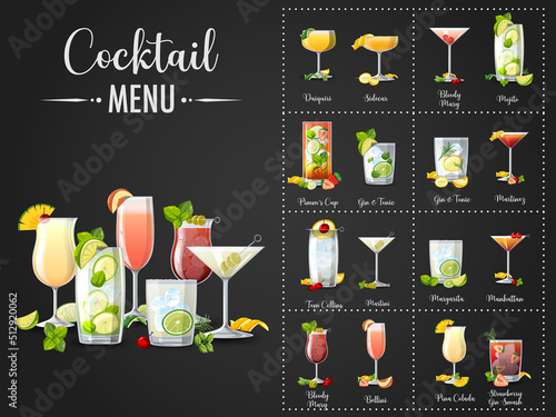 A printed menu of cocktails