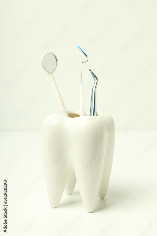 Concept of dental care or tooth care on white table Concept of dental care or tooth care on white table