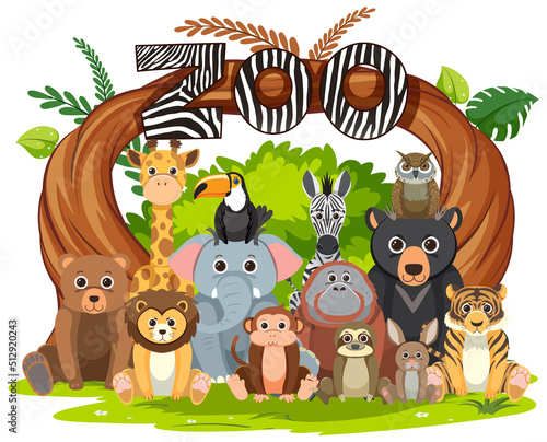Zoo animals group in flat cartoon style